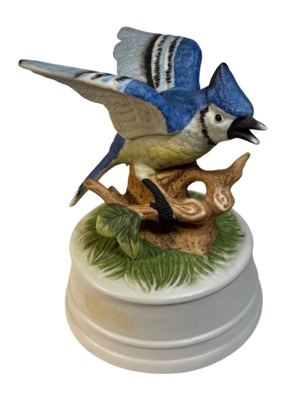 Blue Jay Porcelain Figurine Music Box With Wooden Base And Hand Painted Details